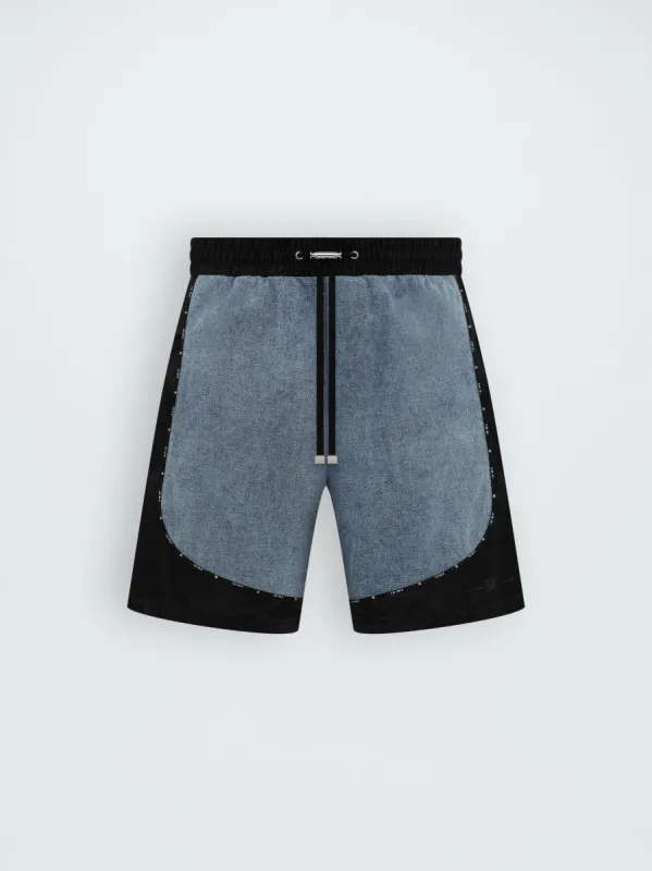 SATIN/DENIM BLOCK SHORT - LIGHT INDIGO made by AMIRI
