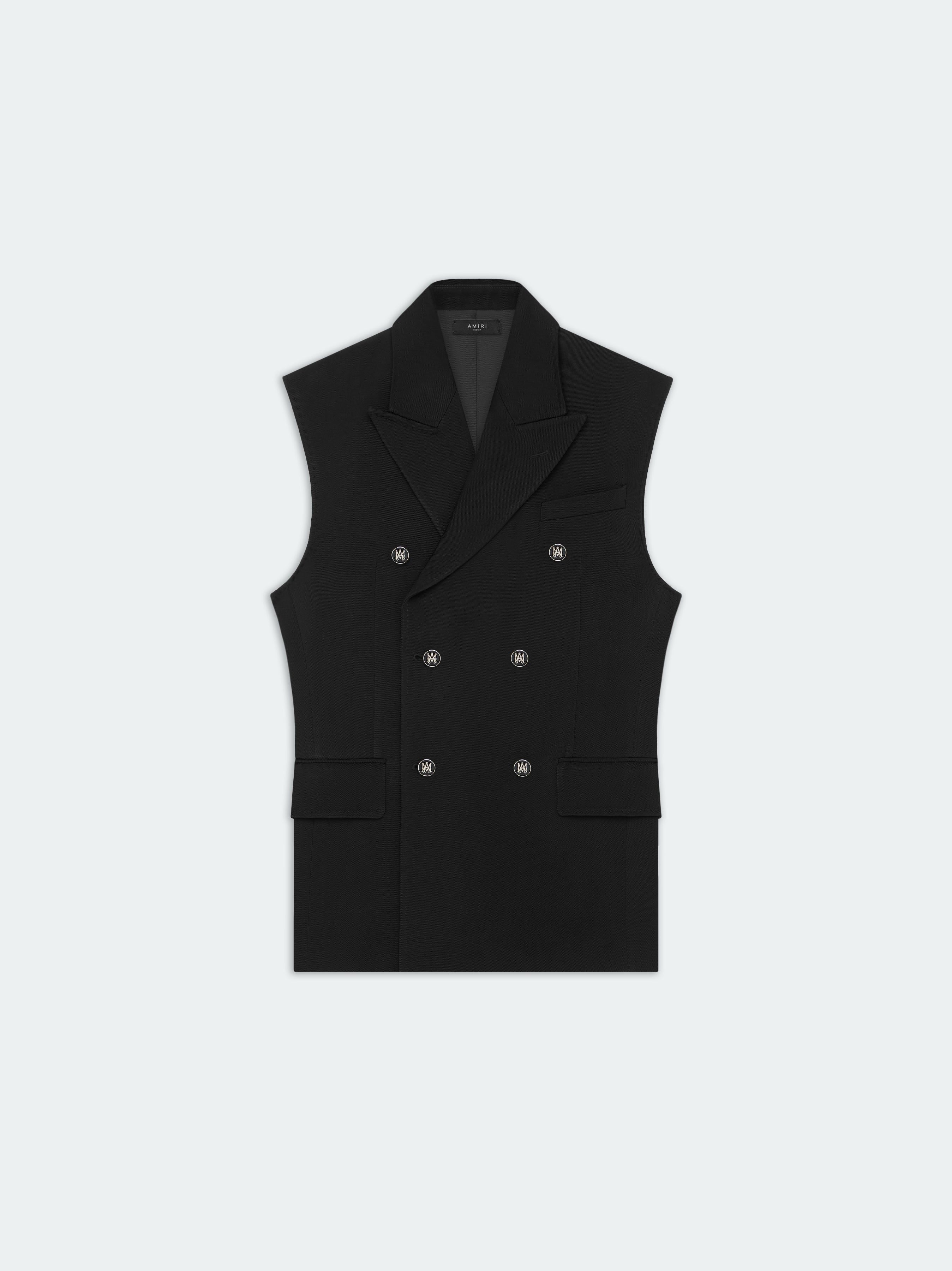 DOUBLE-BREASTED SLEEVELESS BLAZER - Stretch Limo sold by AMIRI