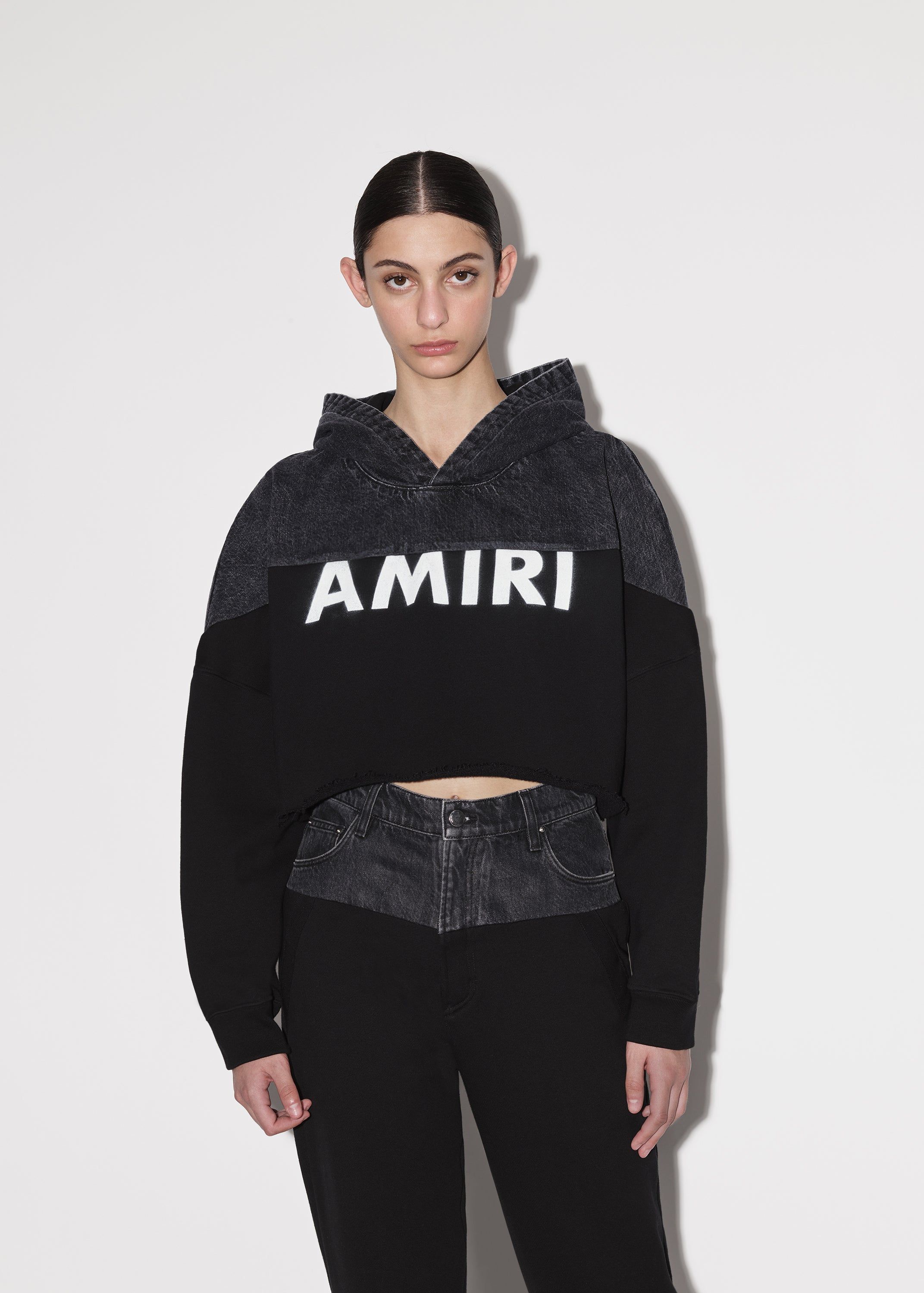 WOMEN - HYBRID CROPPED HOODIE - SATIN BLACK / BLACK sold by AMIRI product image thumbnail 3