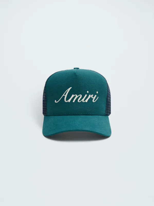 AMIRI SCRIPT TRUCKER HAT - TEAL sold by AMIRI