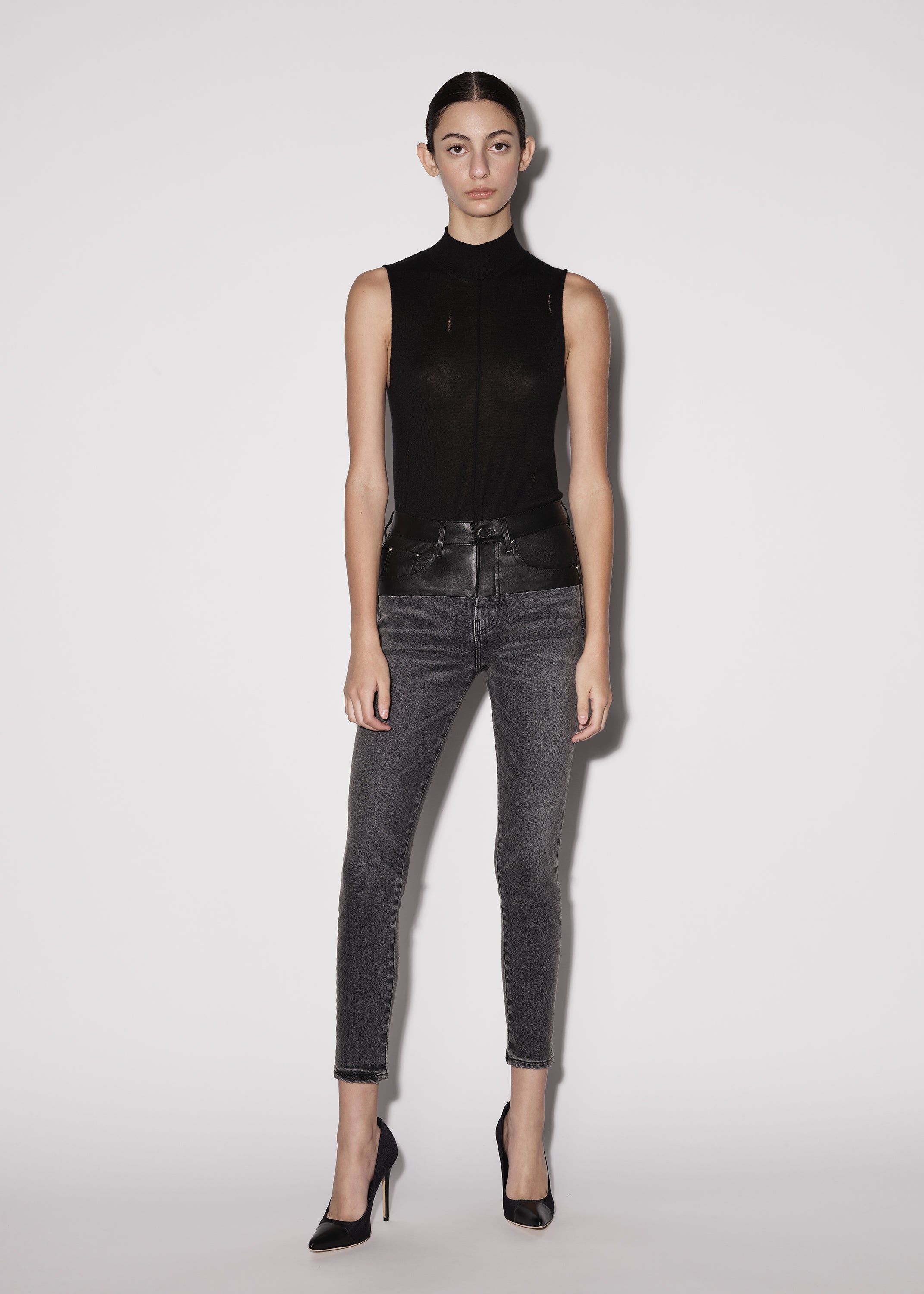 WOMEN - LEATHER CONTRAST SKINNY JEAN - AGED BLACK / BLACK sold by AMIRI product image thumbnail 2