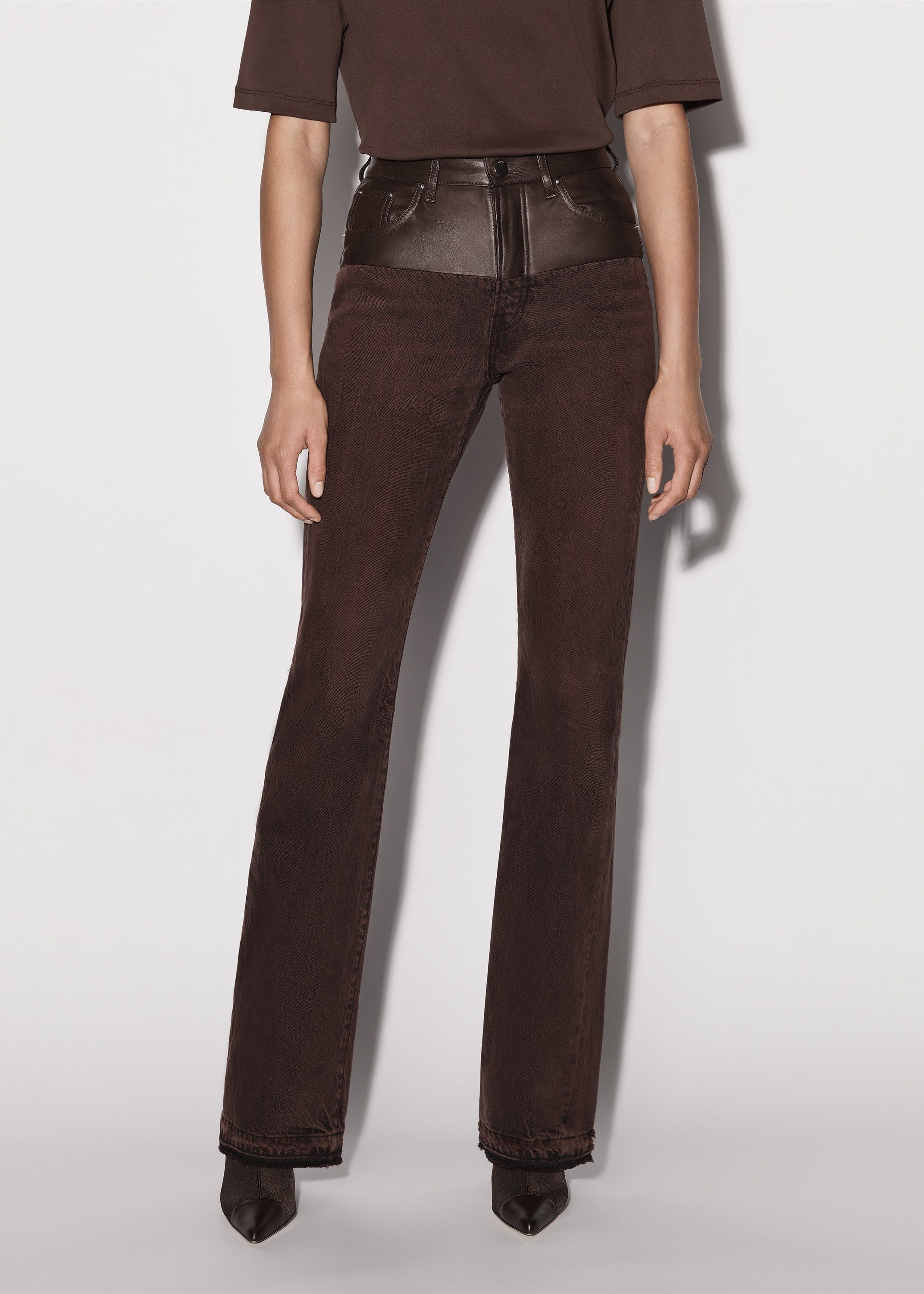 WOMEN - LEATHER HYBRID BOOTLEG JEAN - BROWN sold by AMIRI