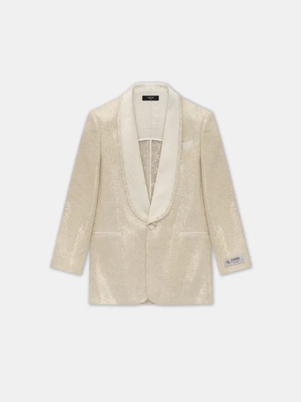 SEQUIN BOUCLE SHAWL BLAZER - Champagne sold by AMIRI