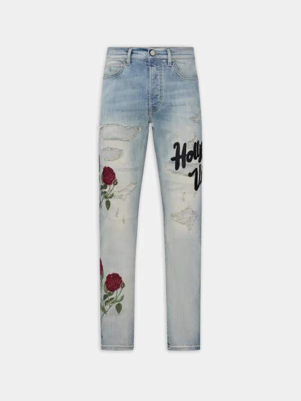 FLORAL SEQUIN REPAIRED SLIM JEAN - ANTIQUE INDIGO sold by AMIRI