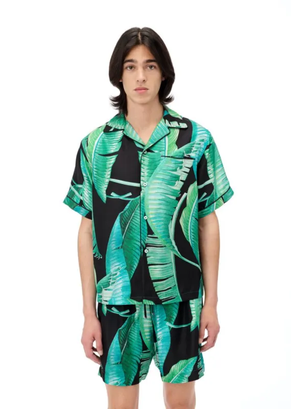 Banana Leaves Short Sleeve Pajama Shirt - Black made by AMIRI