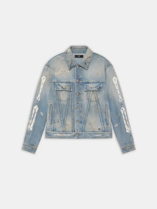 BONES STUDDED TRUCKER JACKET - Perfect Antique Indigo sold by AMIRI