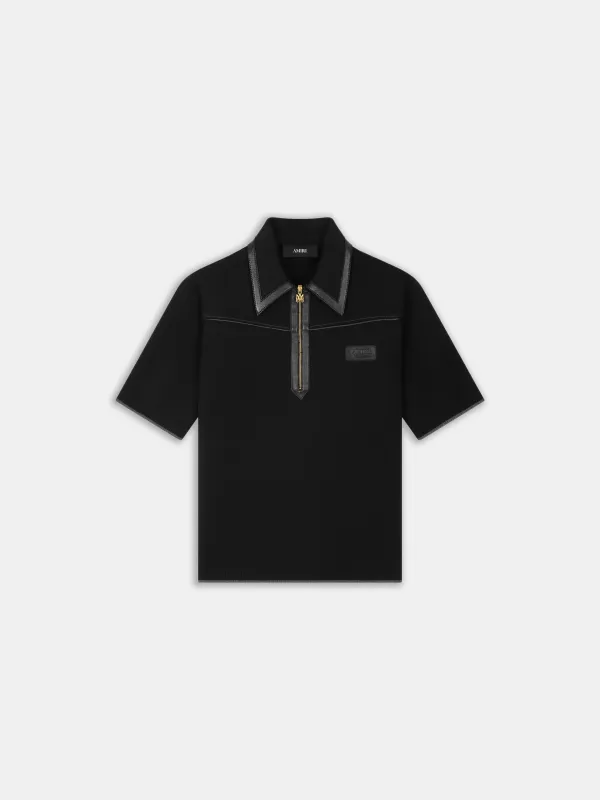 LEATHER TRIM KNIT ZIPPED POLO - Black made by AMIRI