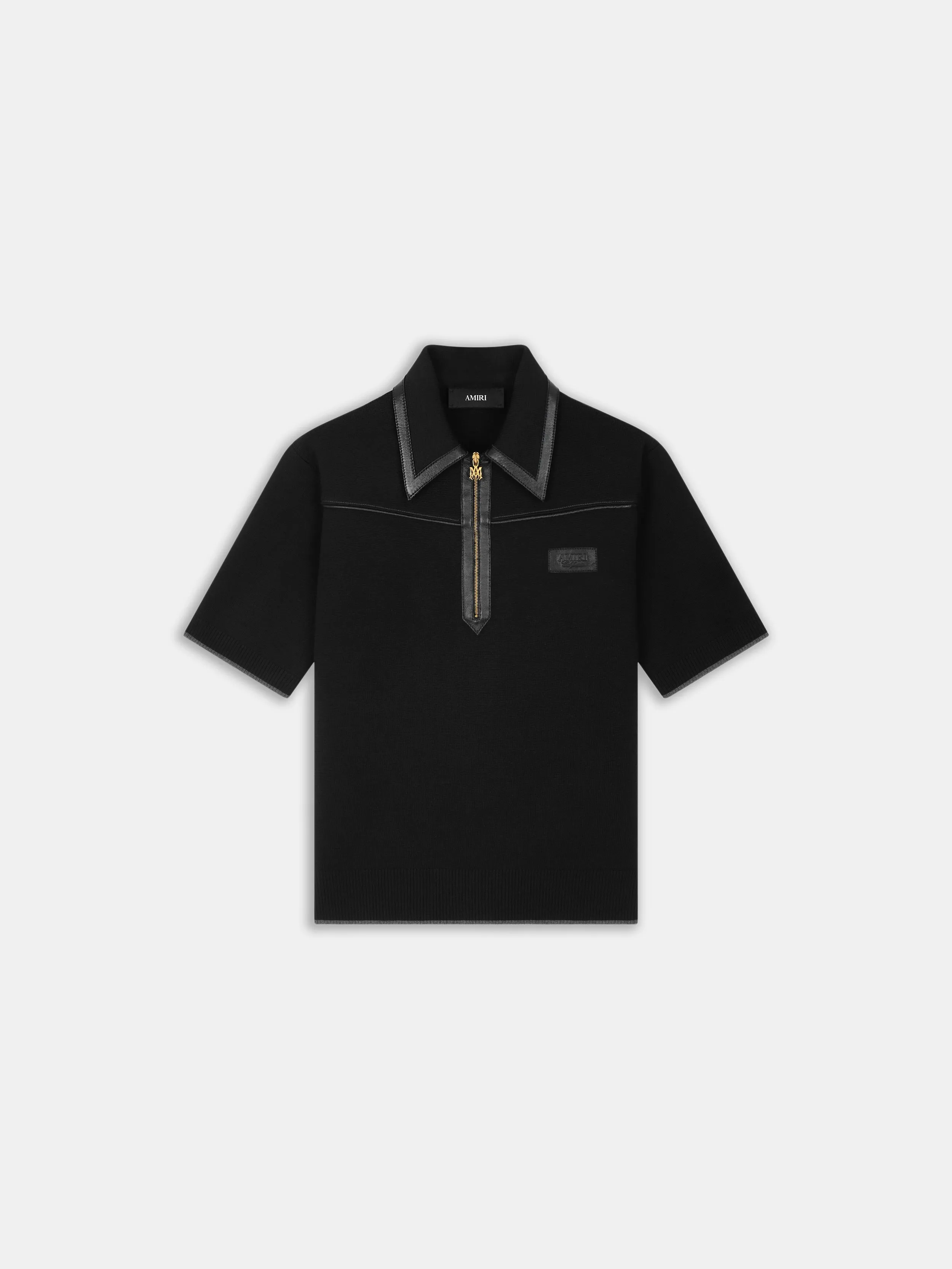 LEATHER TRIM KNIT ZIPPED POLO - Black sold by AMIRI