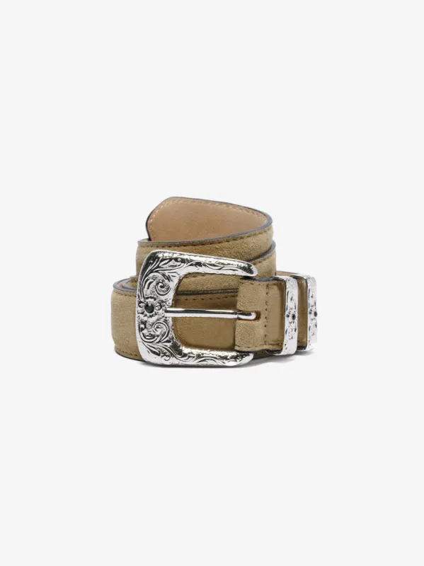 Engraved Buckle Suede Belt - Beige made by AMIRI