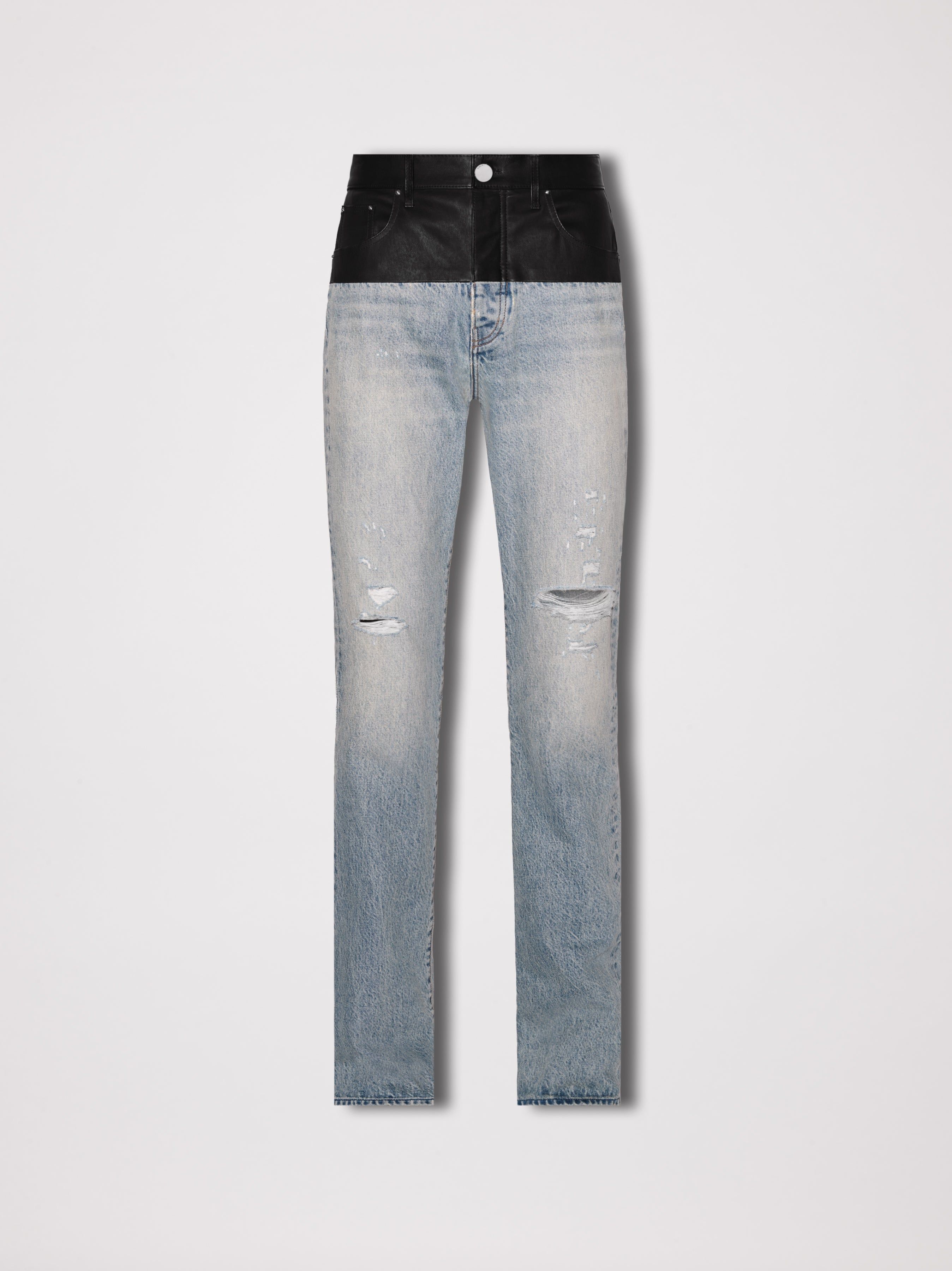 WOMEN - LEATHER HYBRID BOOTLEG JEAN - SKY INDIGO / BLACK sold by AMIRI
