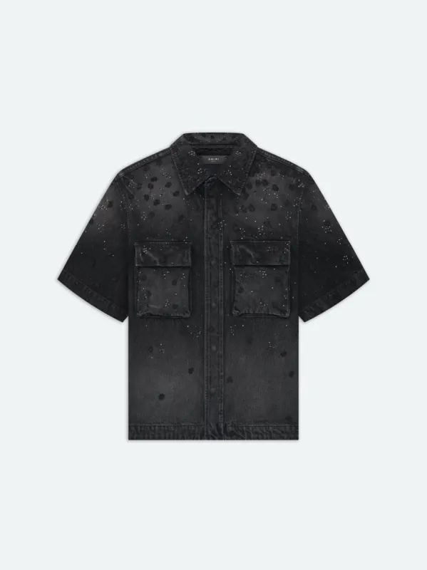 FLORAL CRYSTAL DENIM SHORT SLEEVE SHIRT - Faded Black sold by AMIRI