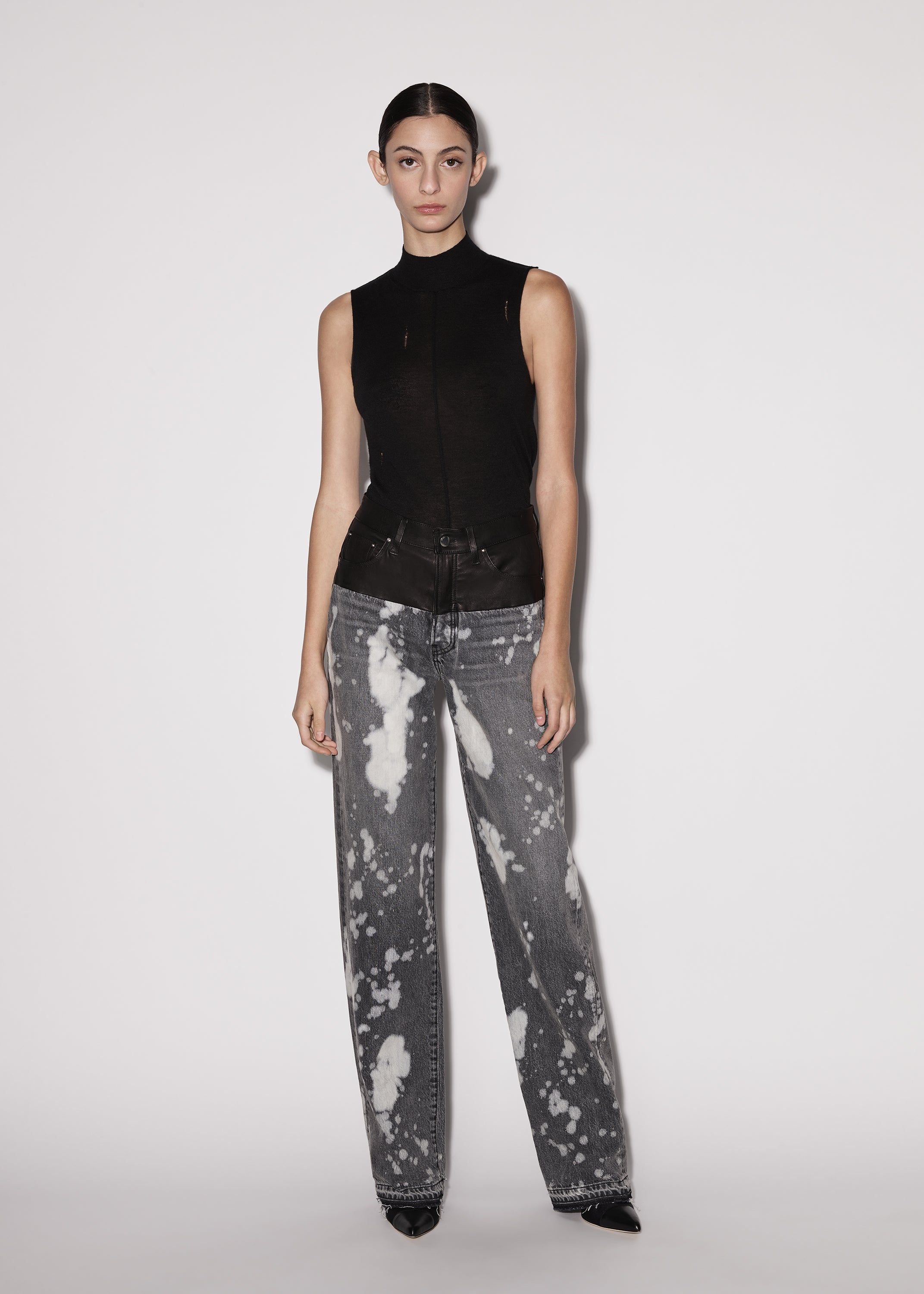 WOMEN - LEATHER HYBRID WIDE JEAN - BLEACHED BLACK / BLACK sold by AMIRI product image thumbnail 2