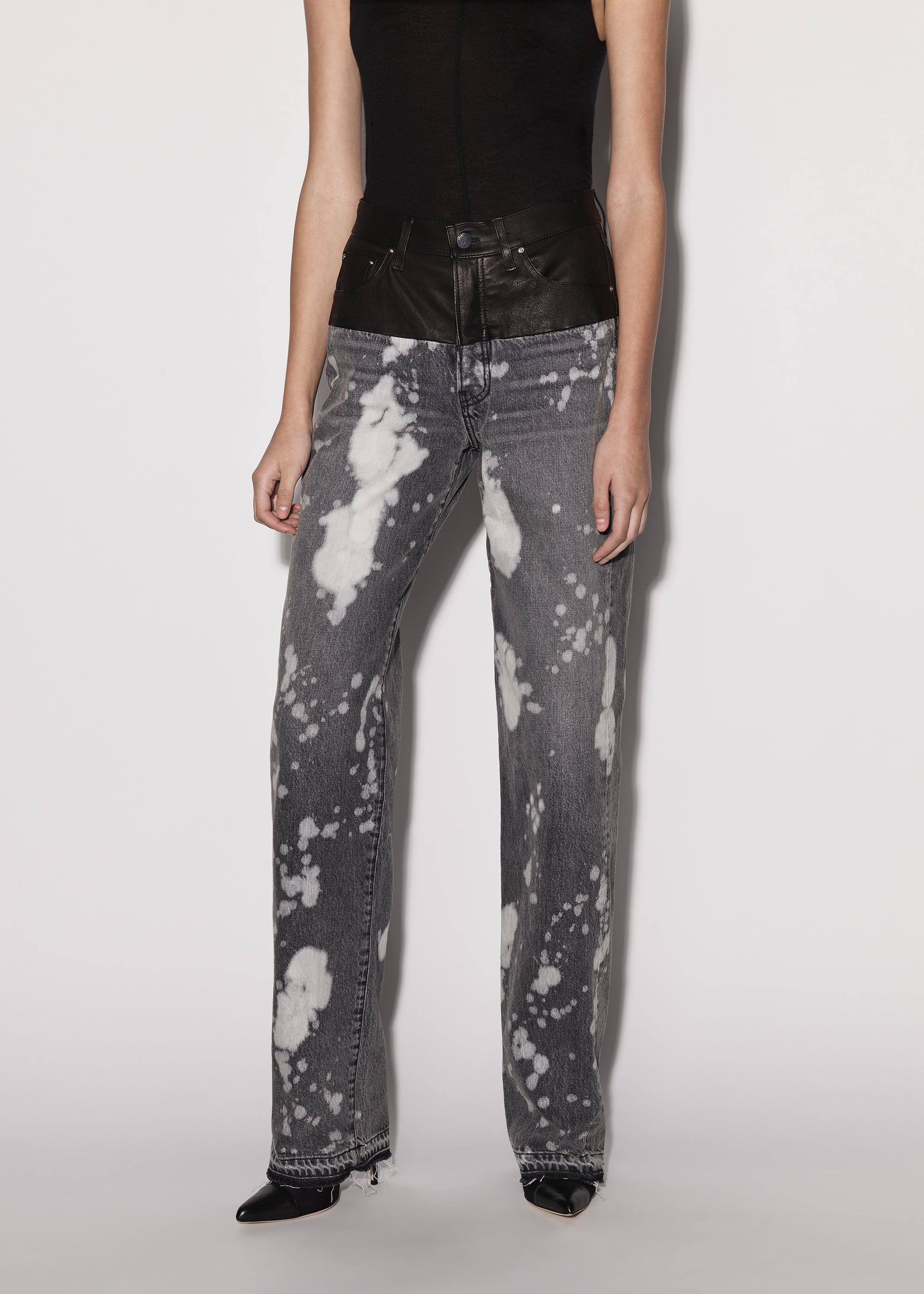 WOMEN - LEATHER HYBRID WIDE JEAN - BLEACHED BLACK / BLACK sold by AMIRI product image thumbnail 3