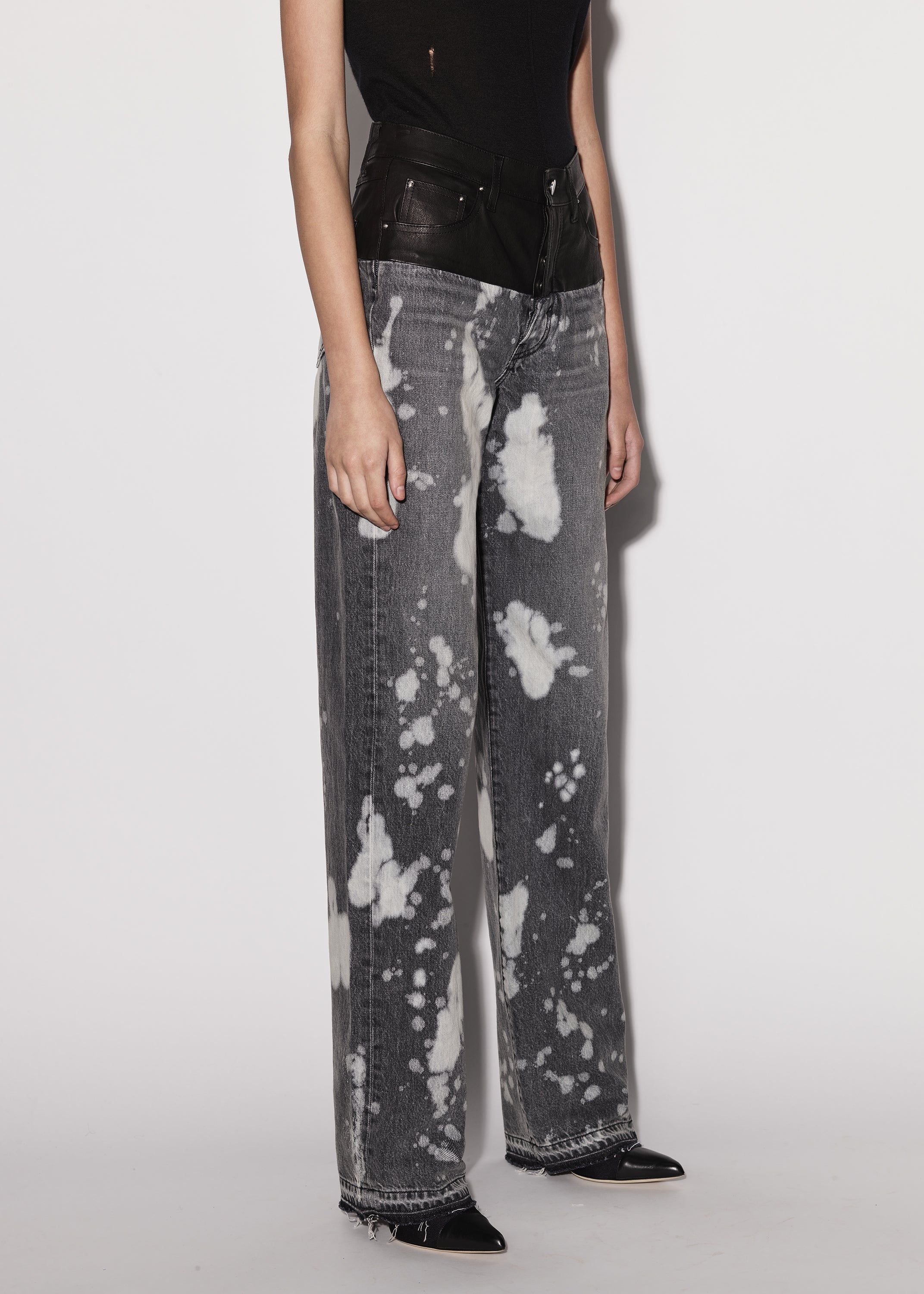 WOMEN - LEATHER HYBRID WIDE JEAN - BLEACHED BLACK / BLACK sold by AMIRI product image thumbnail 4