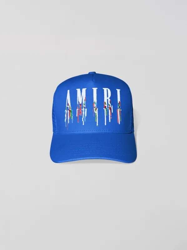 PAINT DRIP CORE LOGO TRUCKER HAT - PRINCESS BLUE sold by AMIRI