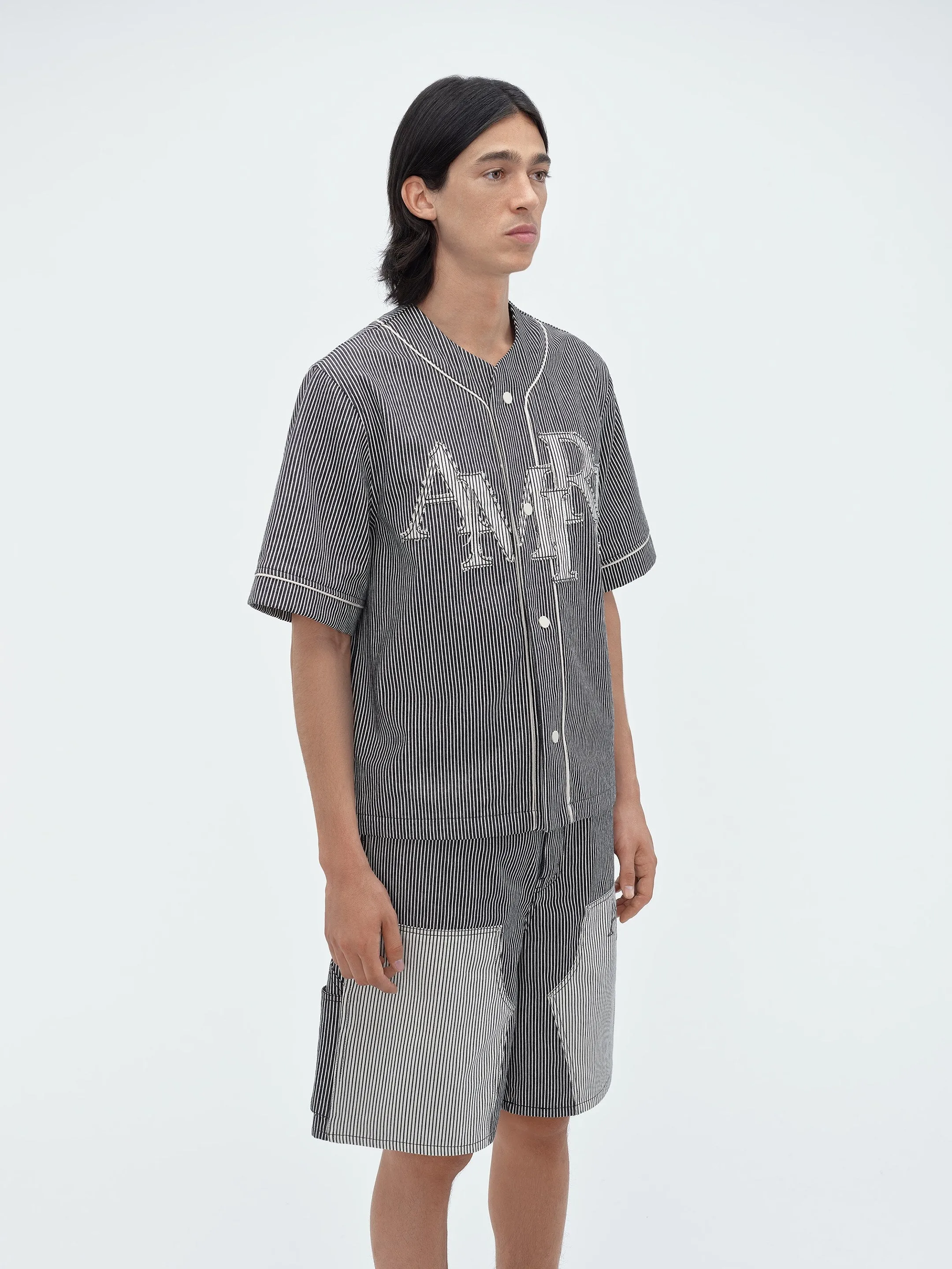 STRIPED DENIM LOGO APPLIQUE BASEBALL SHIRT - Black sold by AMIRI product image thumbnail 4