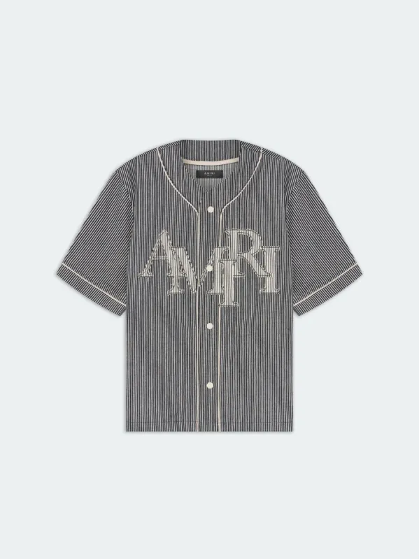 STRIPED DENIM LOGO APPLIQUE BASEBALL SHIRT - Black made by AMIRI