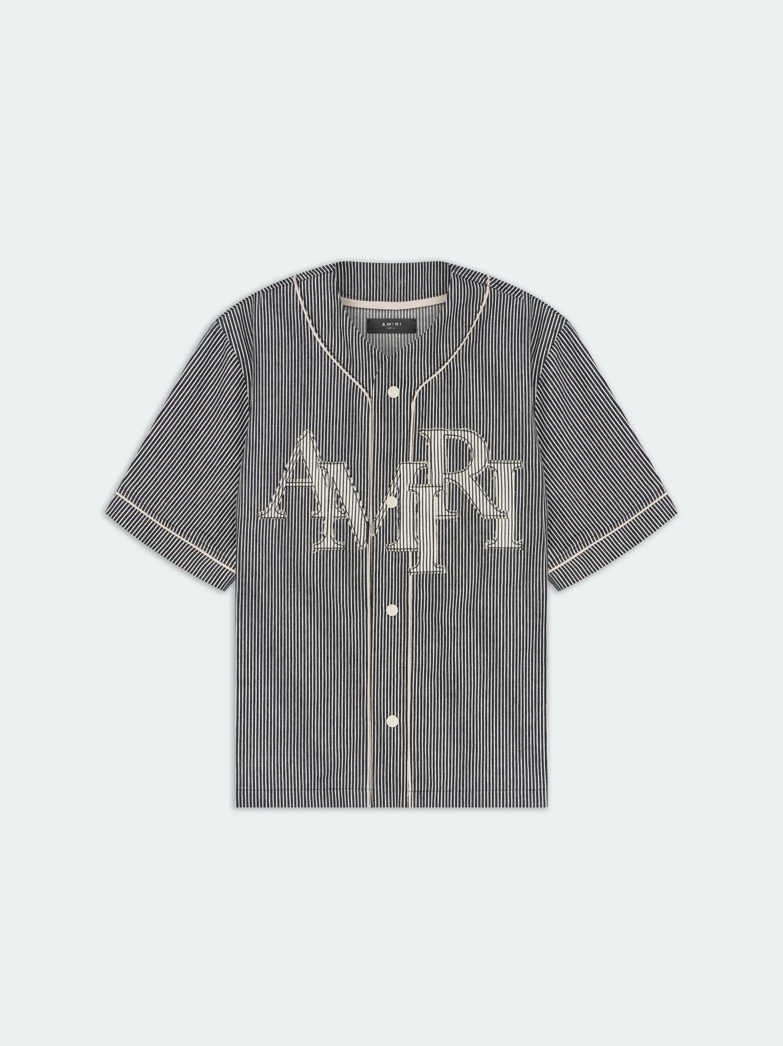 STRIPED DENIM LOGO APPLIQUE BASEBALL SHIRT - Black sold by AMIRI