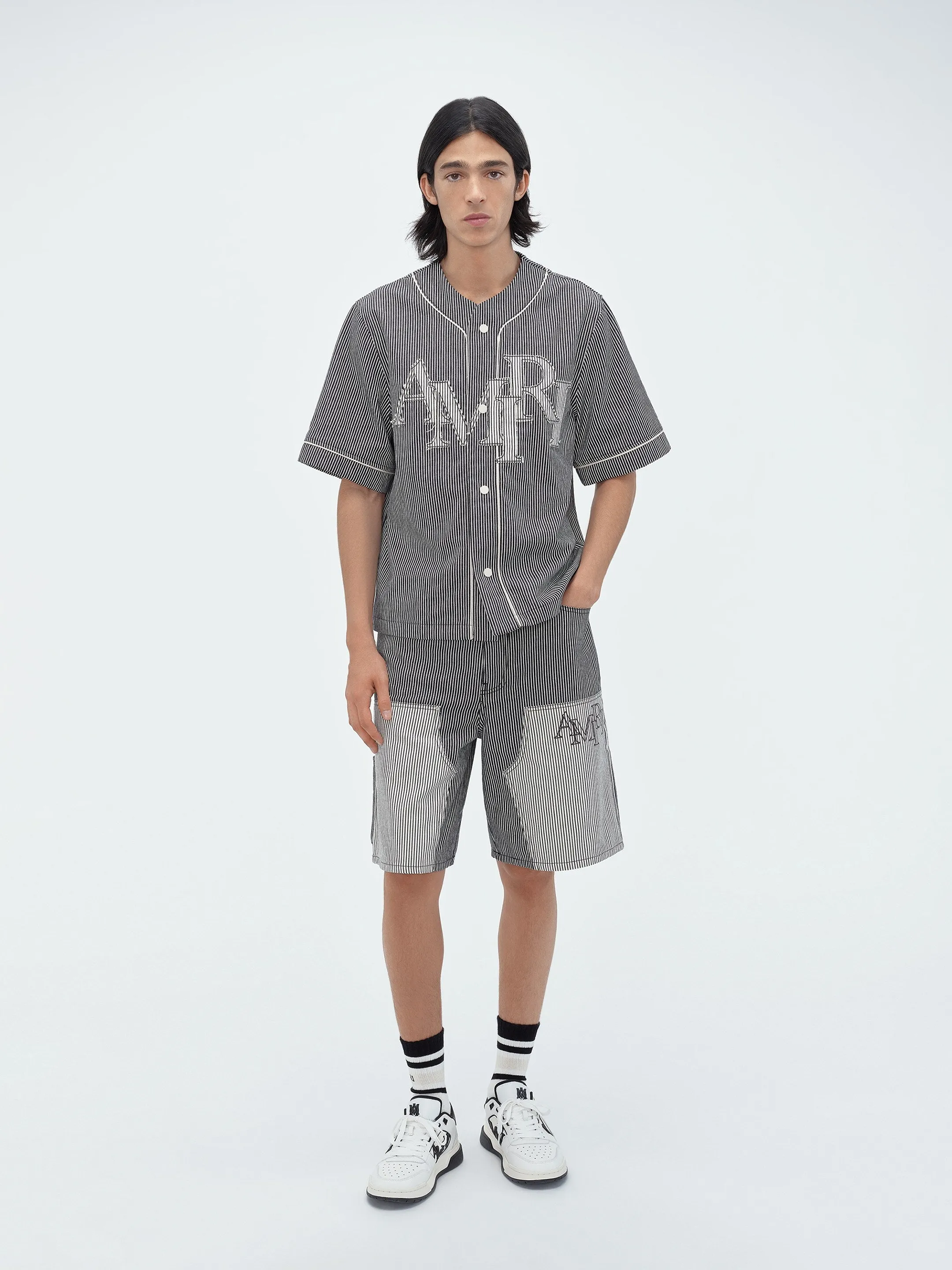 STRIPED DENIM LOGO APPLIQUE BASEBALL SHIRT - Black sold by AMIRI product image thumbnail 2