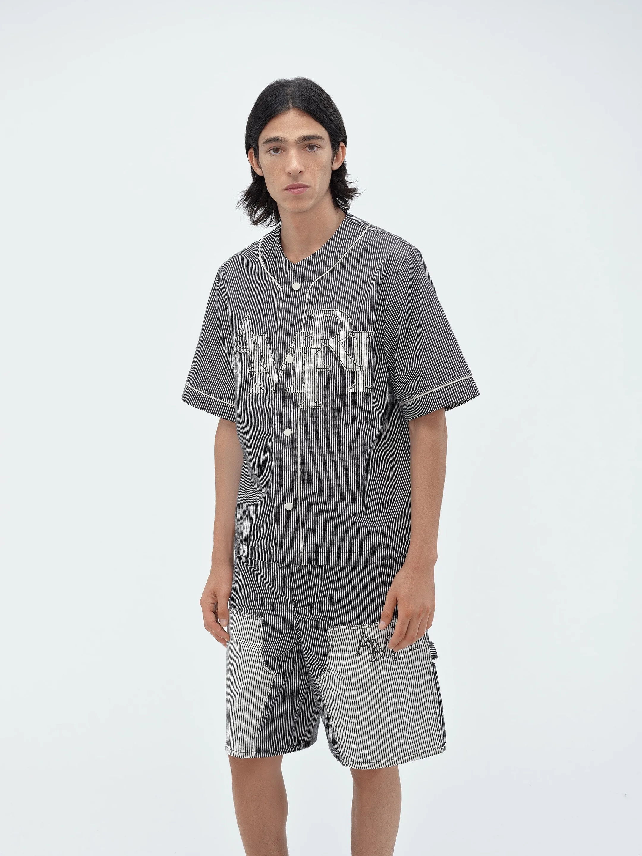 STRIPED DENIM LOGO APPLIQUE BASEBALL SHIRT - Black sold by AMIRI product image thumbnail 3