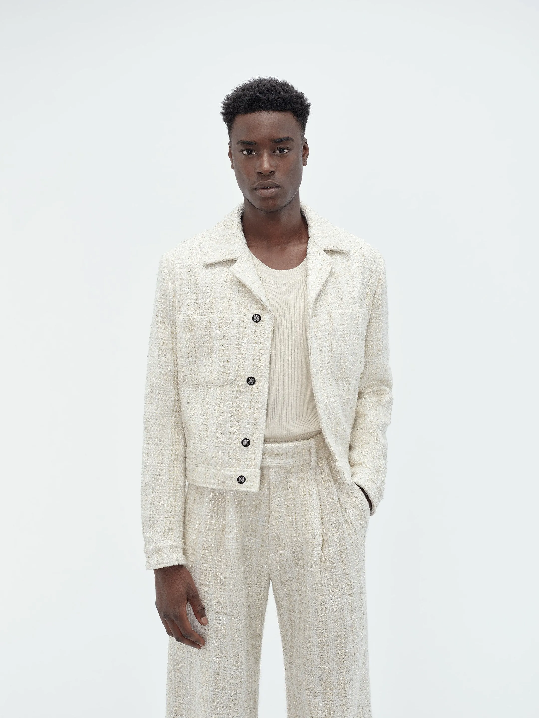 SEQUIN BOUCLE SHIRT JACKET - Alabaster sold by AMIRI product image thumbnail 3