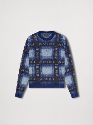 BRUSHED MOHAIR PLAID CREW - BLUE made by AMIRI