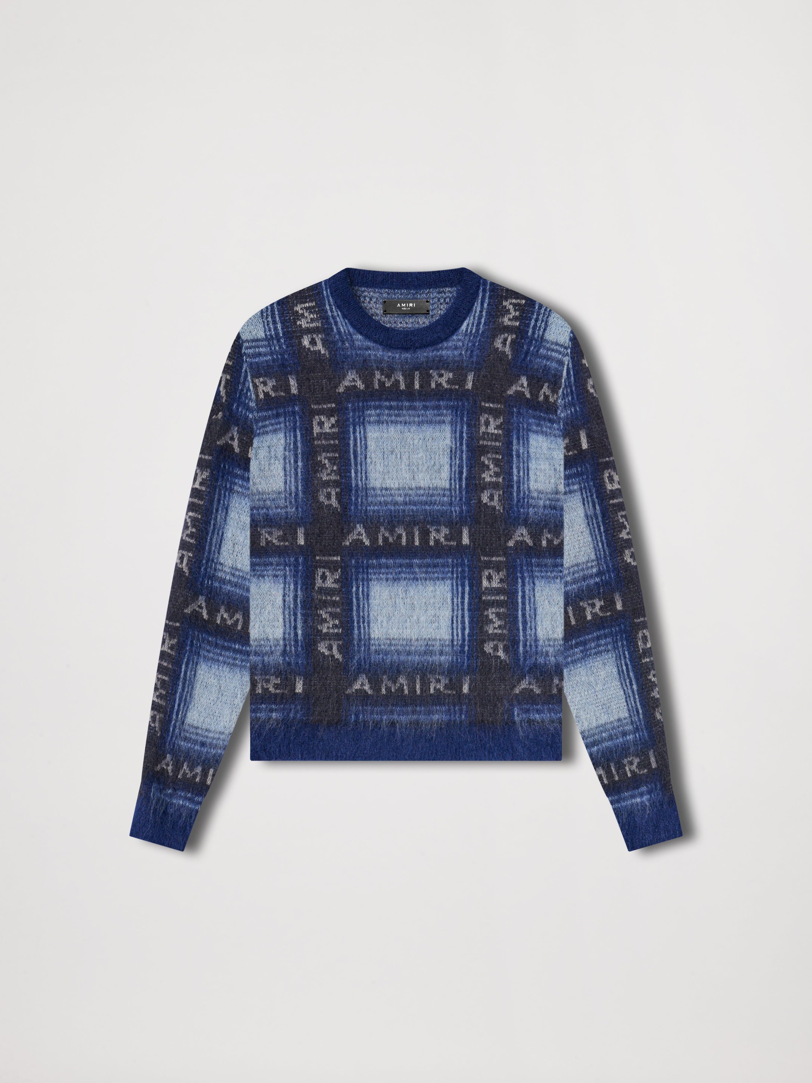 BRUSHED MOHAIR PLAID CREW - BLUE sold by AMIRI