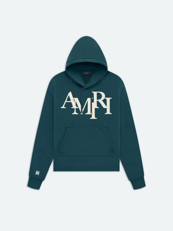 AMIRI STAGGERED LOGO HOODIE - Rain Forest sold by AMIRI