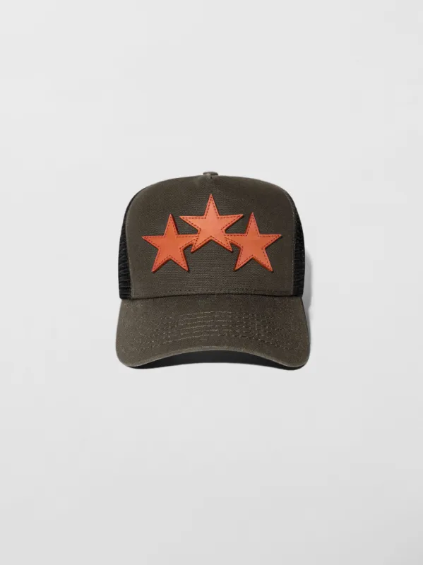 THREE STAR TRUCKER HAT - MILITARY GREEN sold by AMIRI