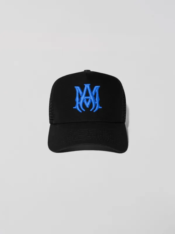 M.A. LOGO TRUCKER HAT - BLACK / BLUE sold by AMIRI