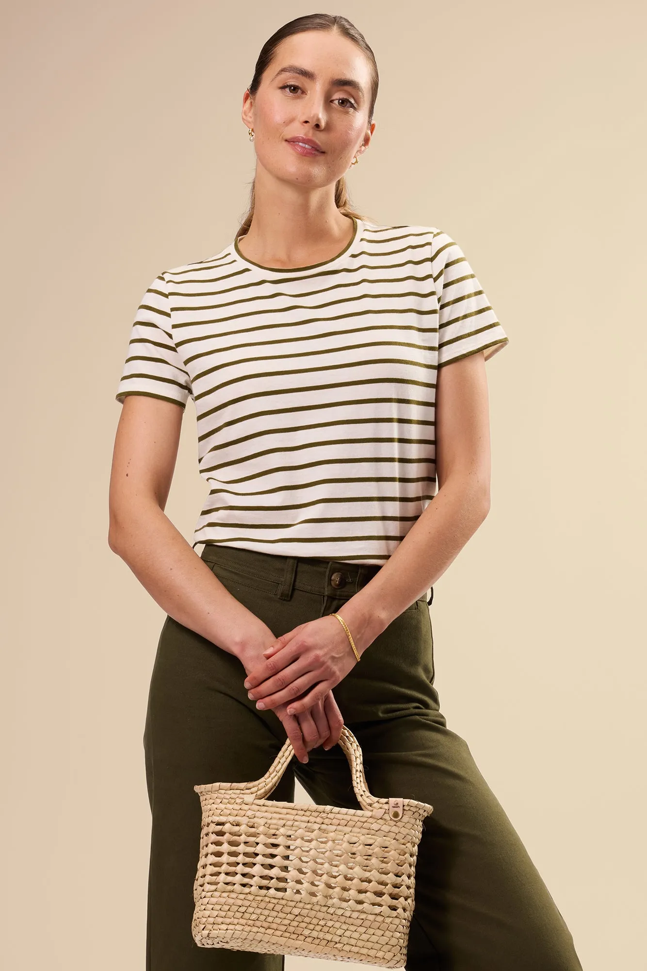 Berkeley Organic Cotton Tee - Ivory Olive Stripe sold by Amour Vert