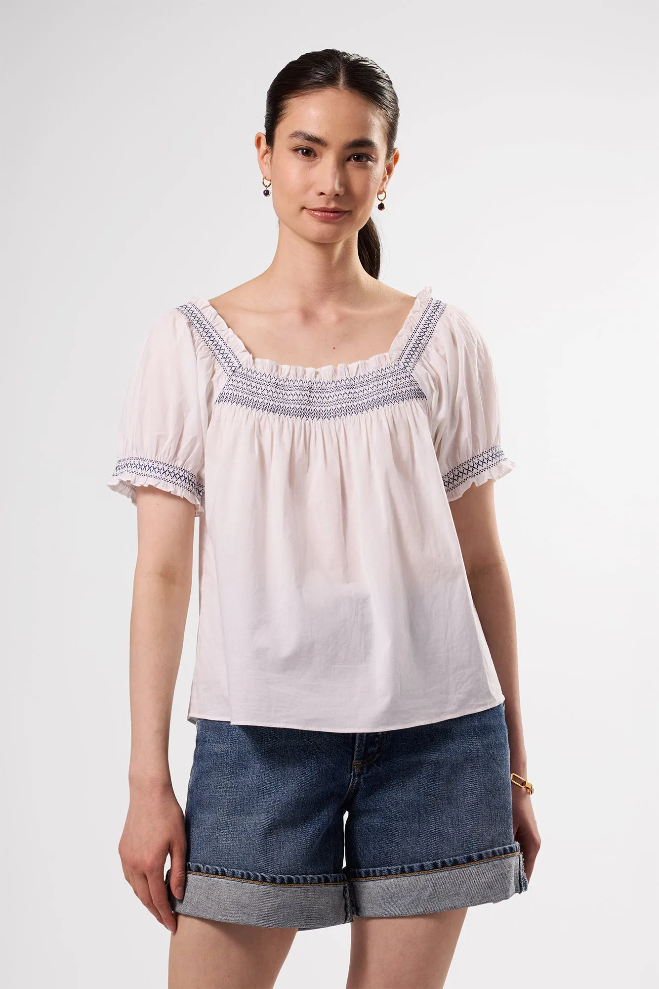Embroidered Smocked Top - White Cobalt Embroidery sold by Amour Vert