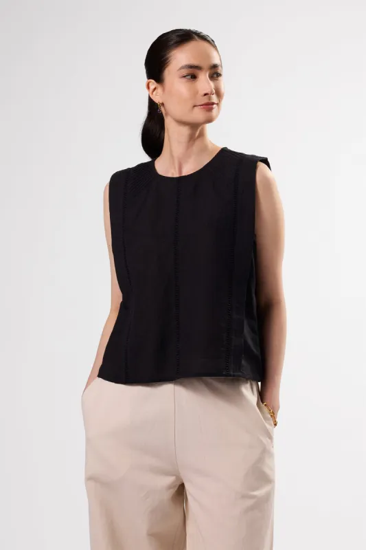 Detailed Cotton Linen Tank Top - Black sold by Amour Vert