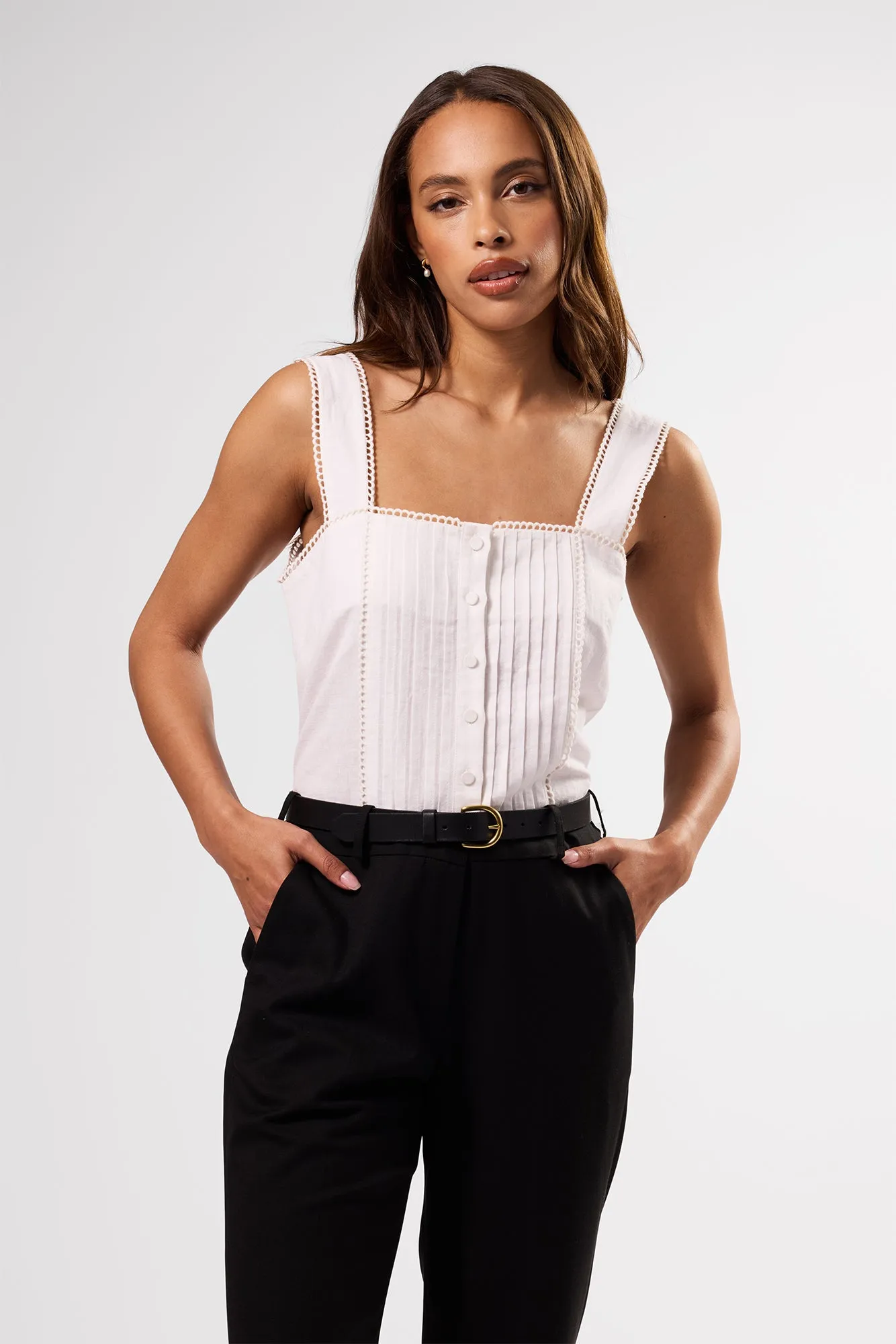 Crochet Trim Cotton Linen Tank - White sold by Amour Vert