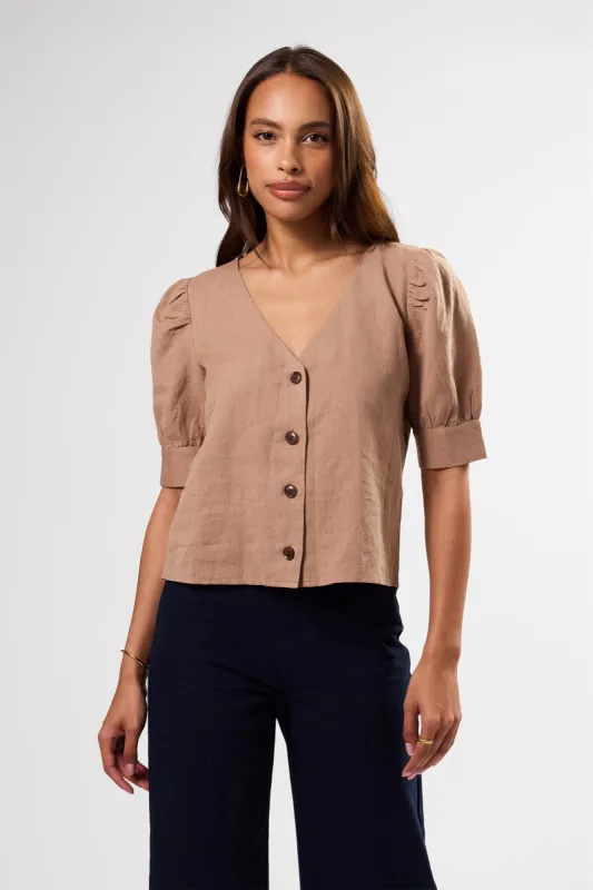 V Neck Cuff Sleeved Blouse - Sand sold by Amour Vert
