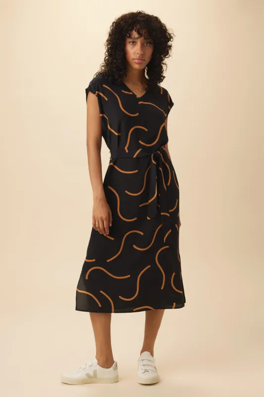 Cindra Washable Silk Midi Dress - Waves Caramel sold by Amour Vert