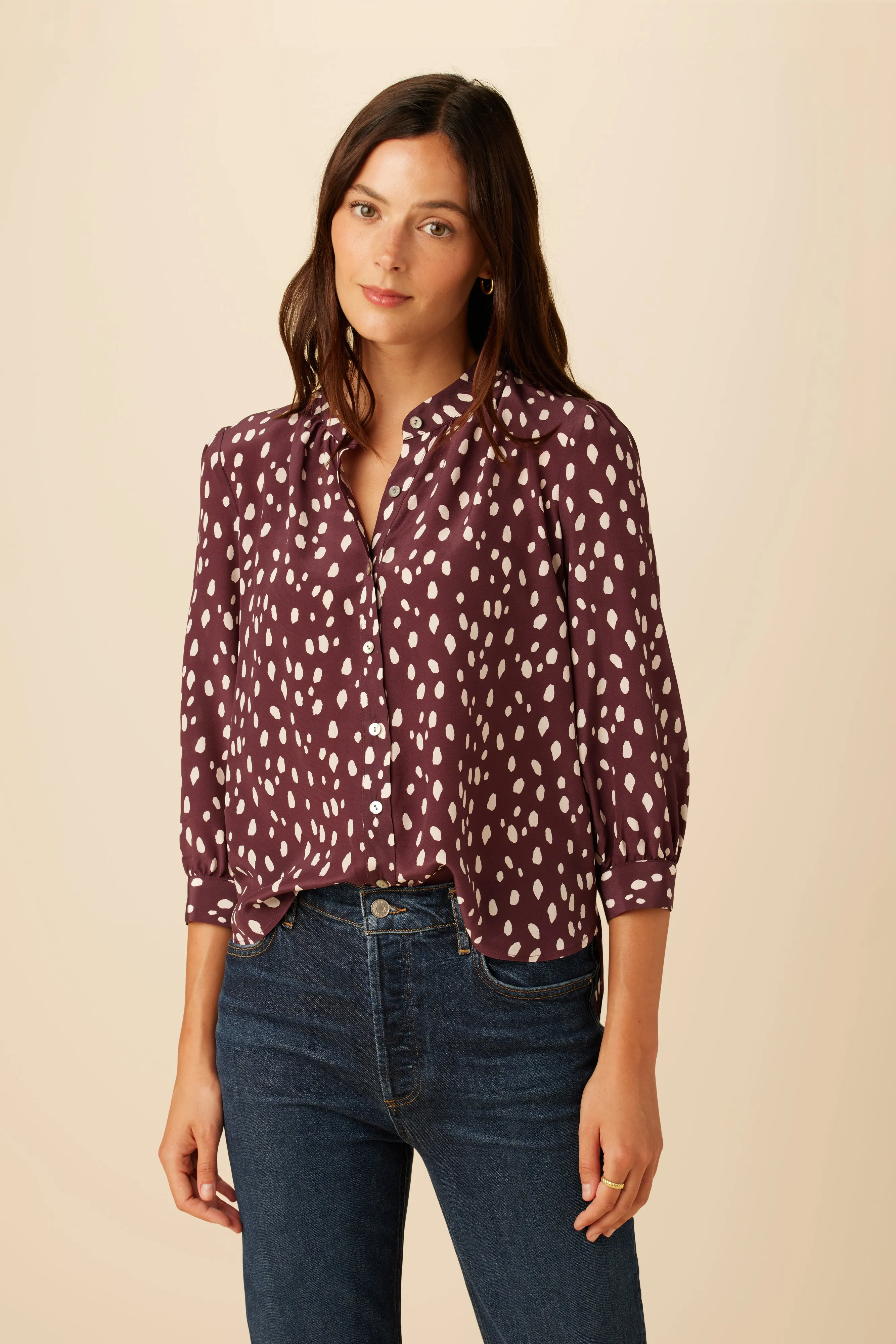 Charlotte 3/4 Sleeve Washable Silk Blouse - Pebble Dot Plum sold by Amour Vert product image thumbnail 2