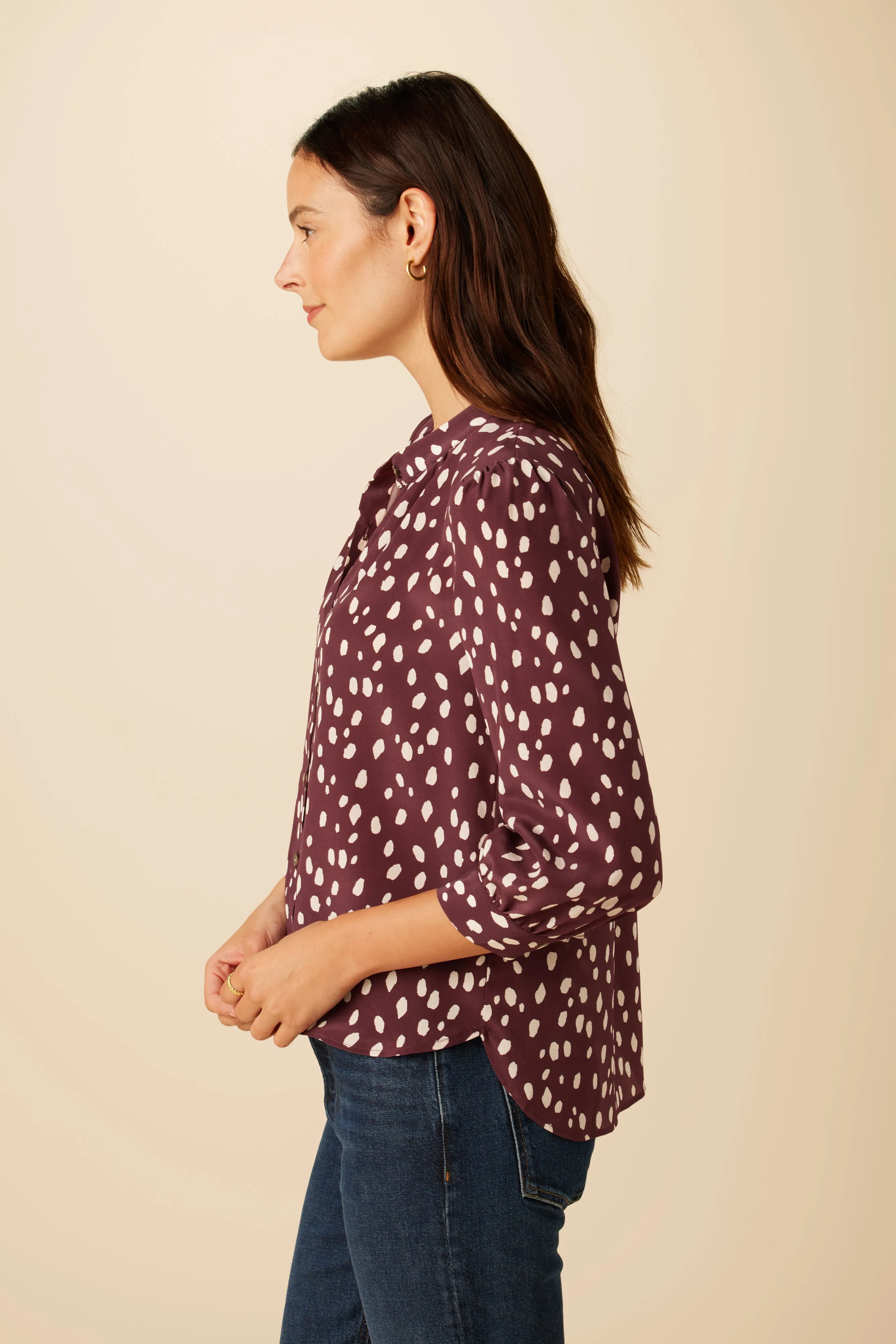 Charlotte 3/4 Sleeve Washable Silk Blouse - Pebble Dot Plum sold by Amour Vert product image thumbnail 3