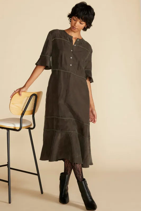 Adaline Embroidered Cupro Dress - Olive Green sold by Amour Vert