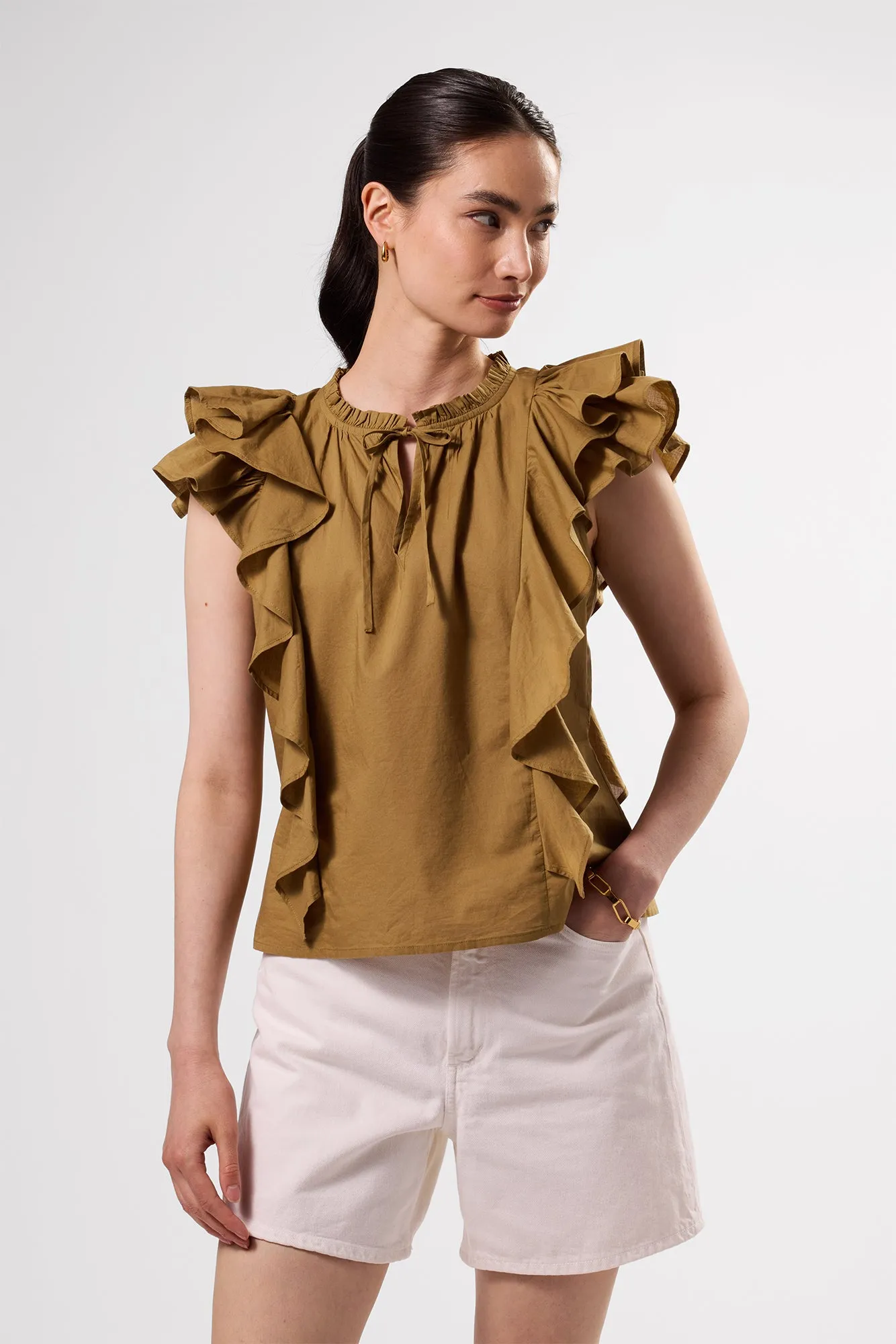 Ruffle Sleeve Top - Elm sold by Amour Vert