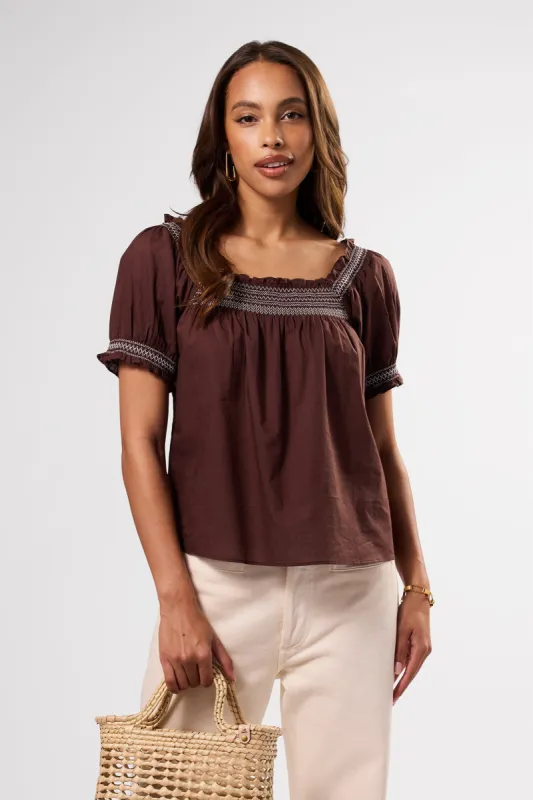 Embroidered Smocked Top - Espresso White Embroidery sold by Amour Vert