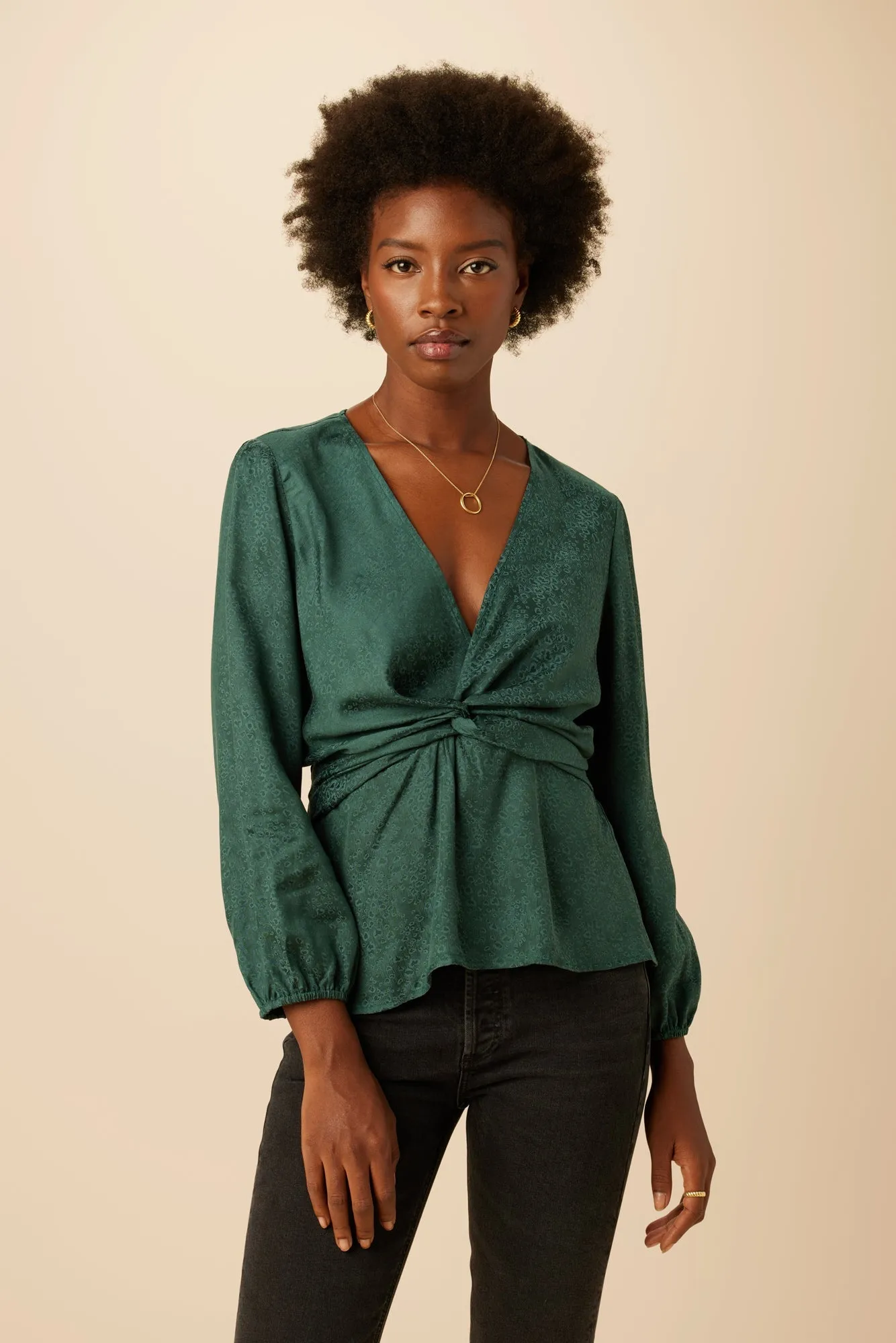 Clemence Cupro Viscose Jacquard Blouse - Darkest Spruce - ReAmour sold by Amour Vert