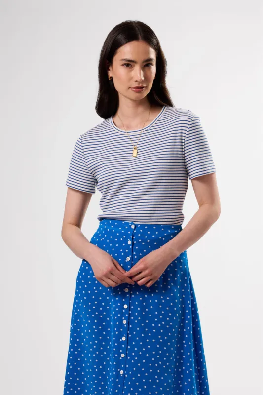 Eleanor Organic Cotton Modal Rib Tee - Cannes Stripe Natural Aegean Blue sold by Amour Vert