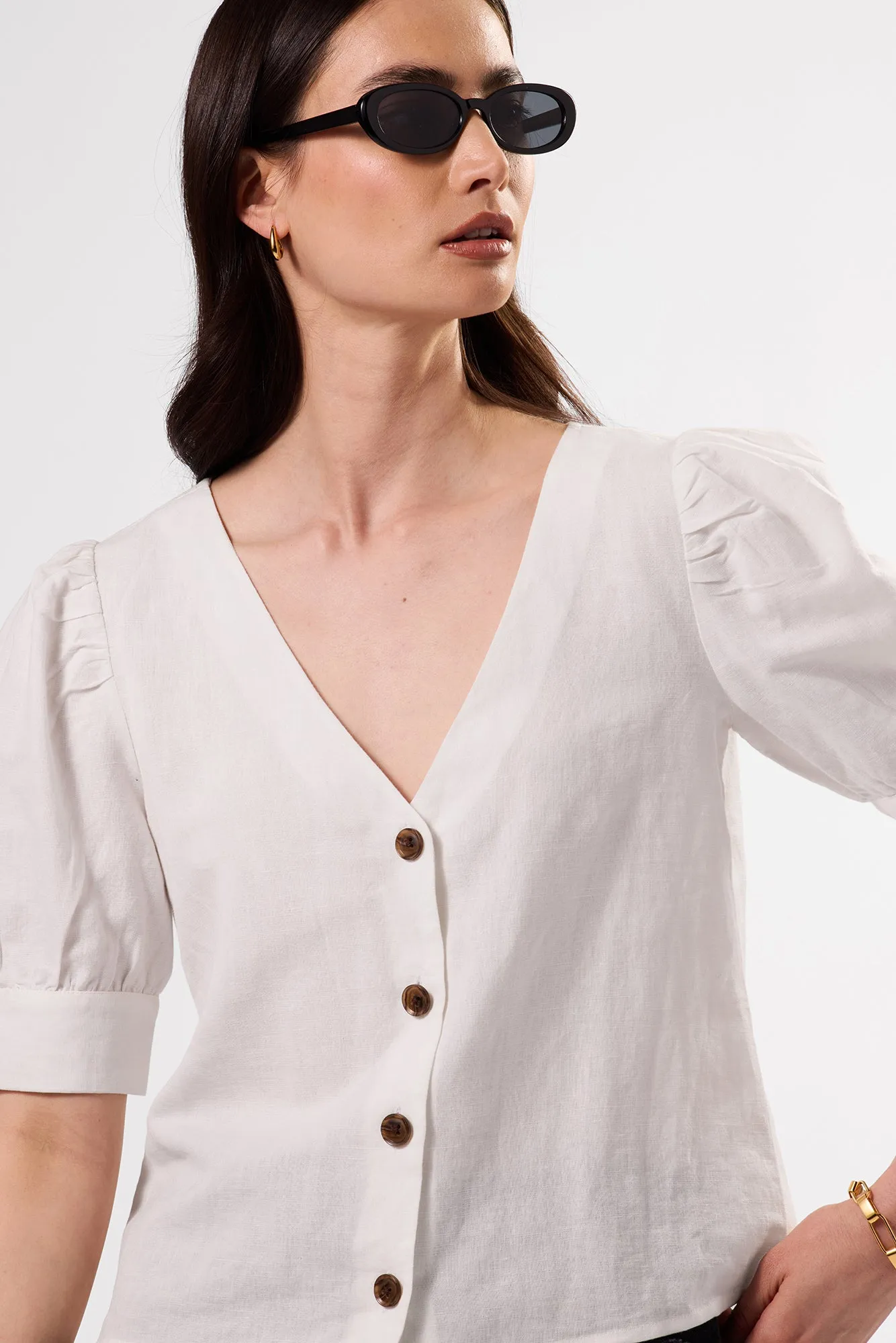 V Neck Cuff Sleeved Blouse - White sold by Amour Vert