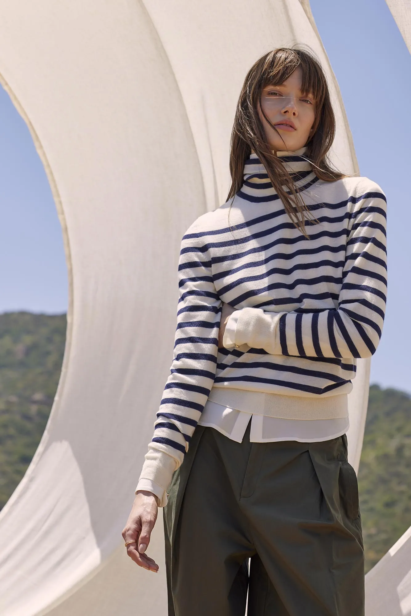Carrie Turtleneck Cashmere Sweater - Ivory and Navy Blue Stripe sold by Amour Vert