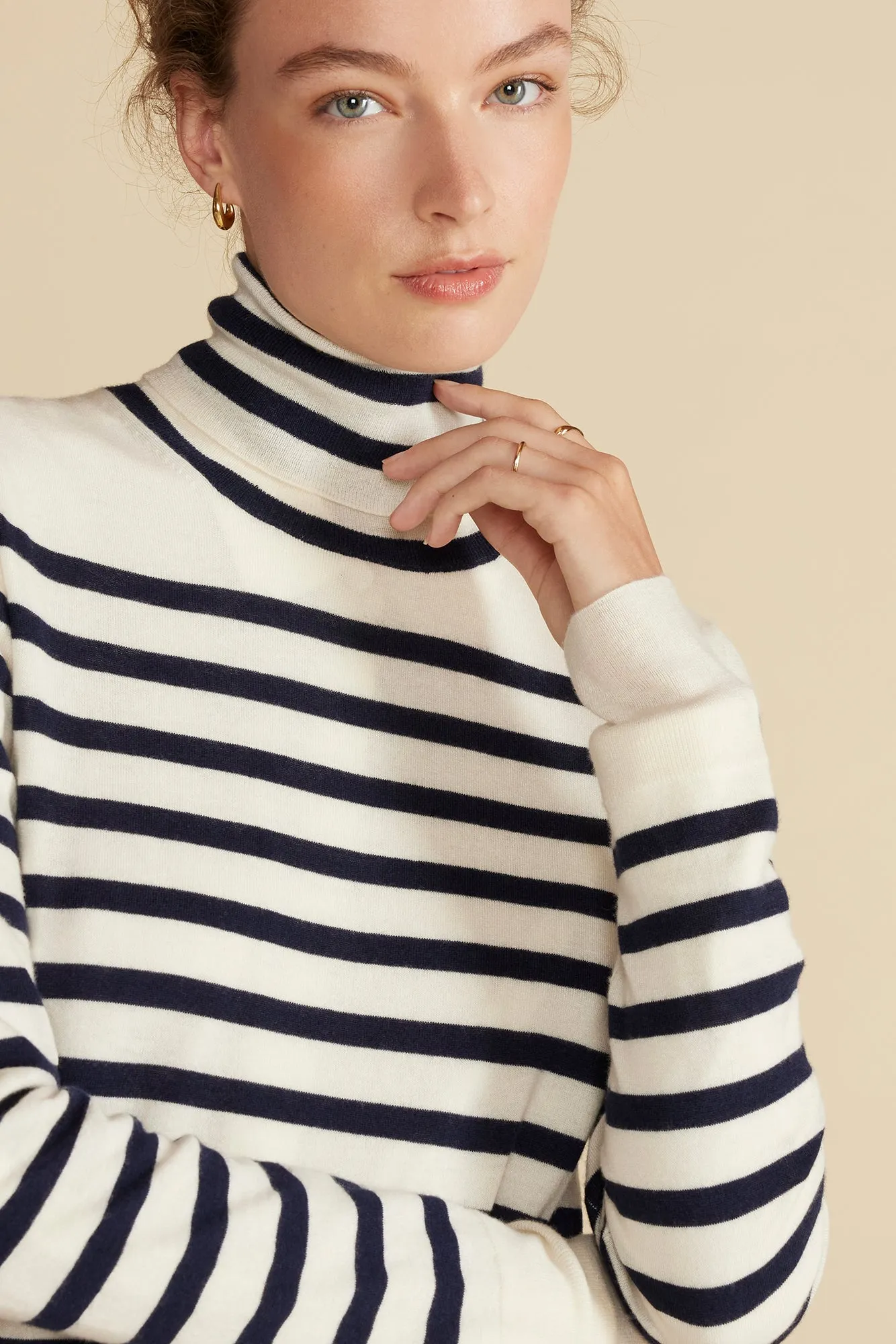 Carrie Turtleneck Cashmere Sweater - Ivory and Navy Blue Stripe sold by Amour Vert product image thumbnail 2