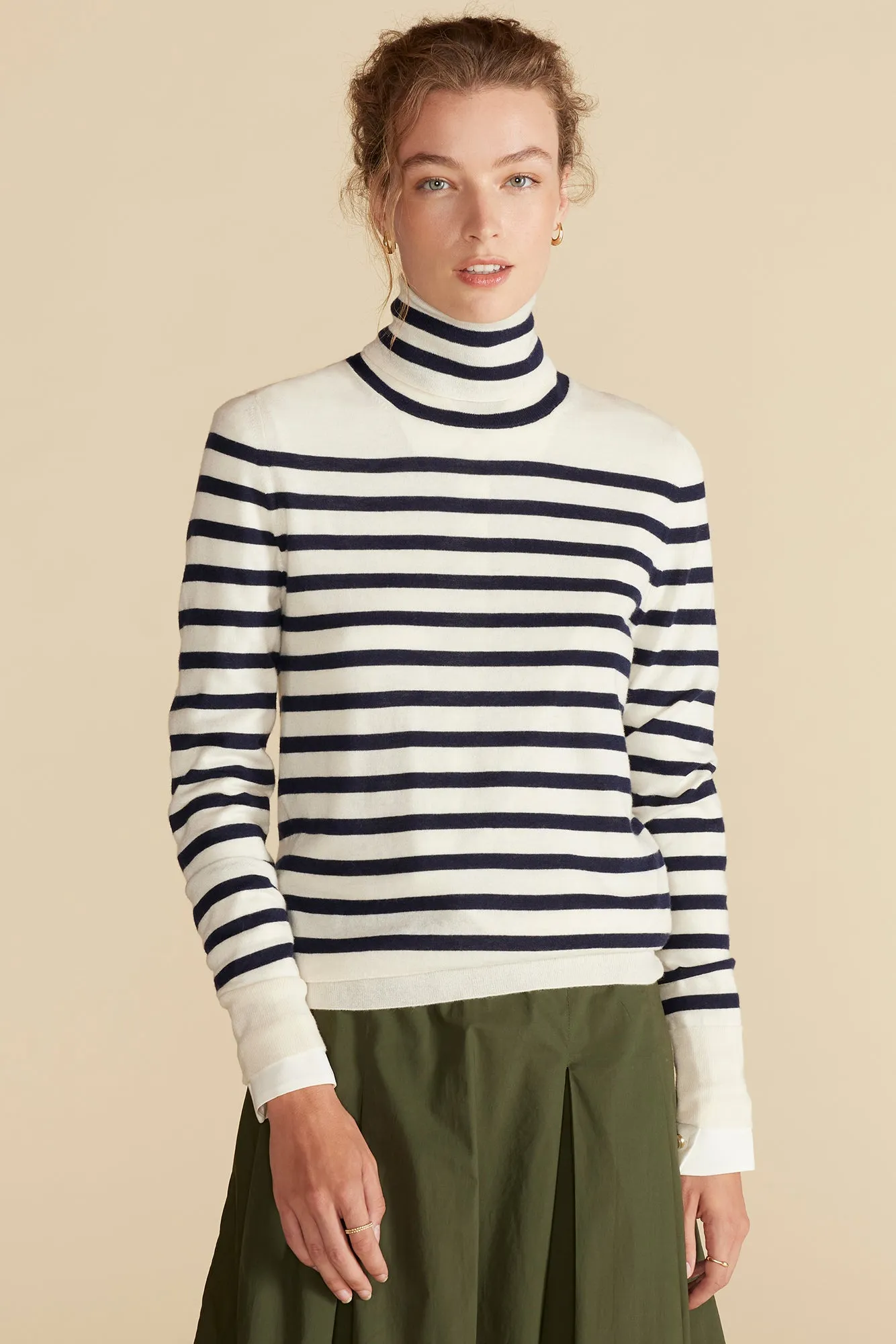 Carrie Turtleneck Cashmere Sweater - Ivory and Navy Blue Stripe sold by Amour Vert product image thumbnail 3