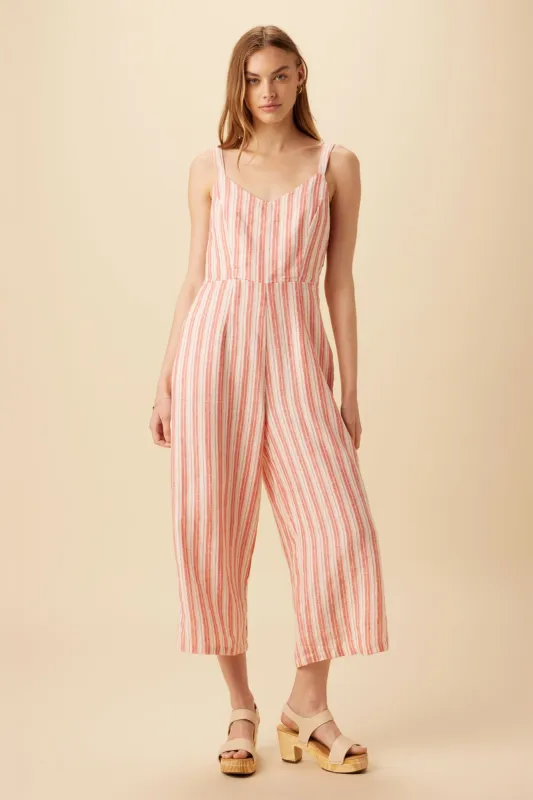 Taya Linen Jumpsuit - Rust Natural Stripe sold by Amour Vert