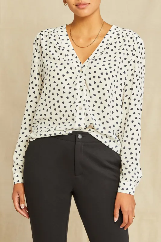Kaya Washable Silk Blouse - Heart Ivory Navy Print sold by Amour Vert