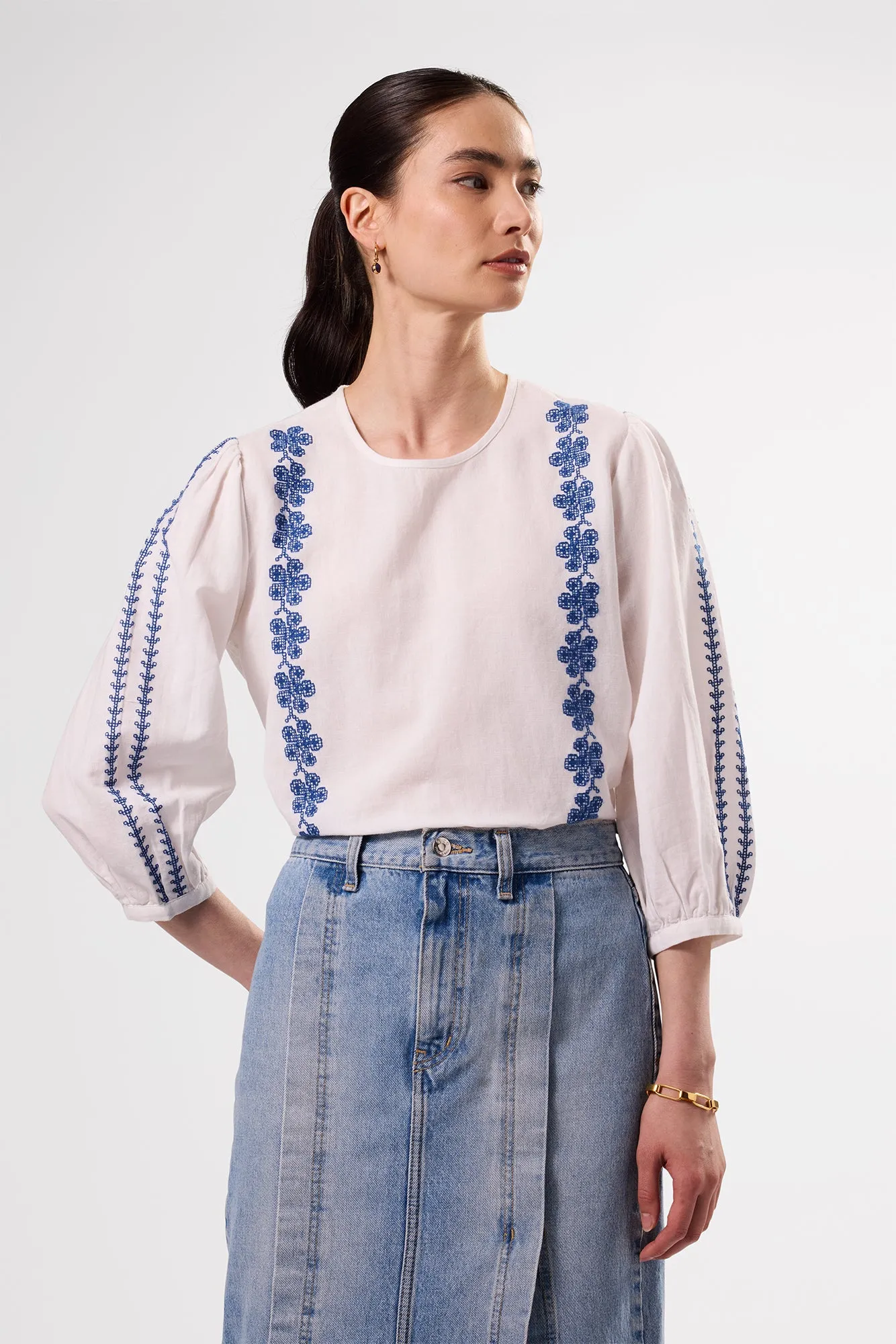 Placed Embroidery Blouse - White Cobalt Embroidery sold by Amour Vert product image thumbnail 3